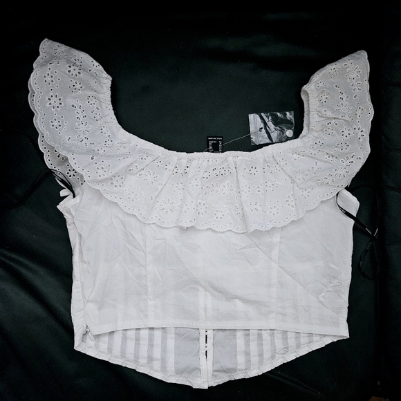 Forever 21 White Eyelet Ruffle Off The Shoulder Open Crop Top Sz XS 100% Cotton - Picture 5 of 7